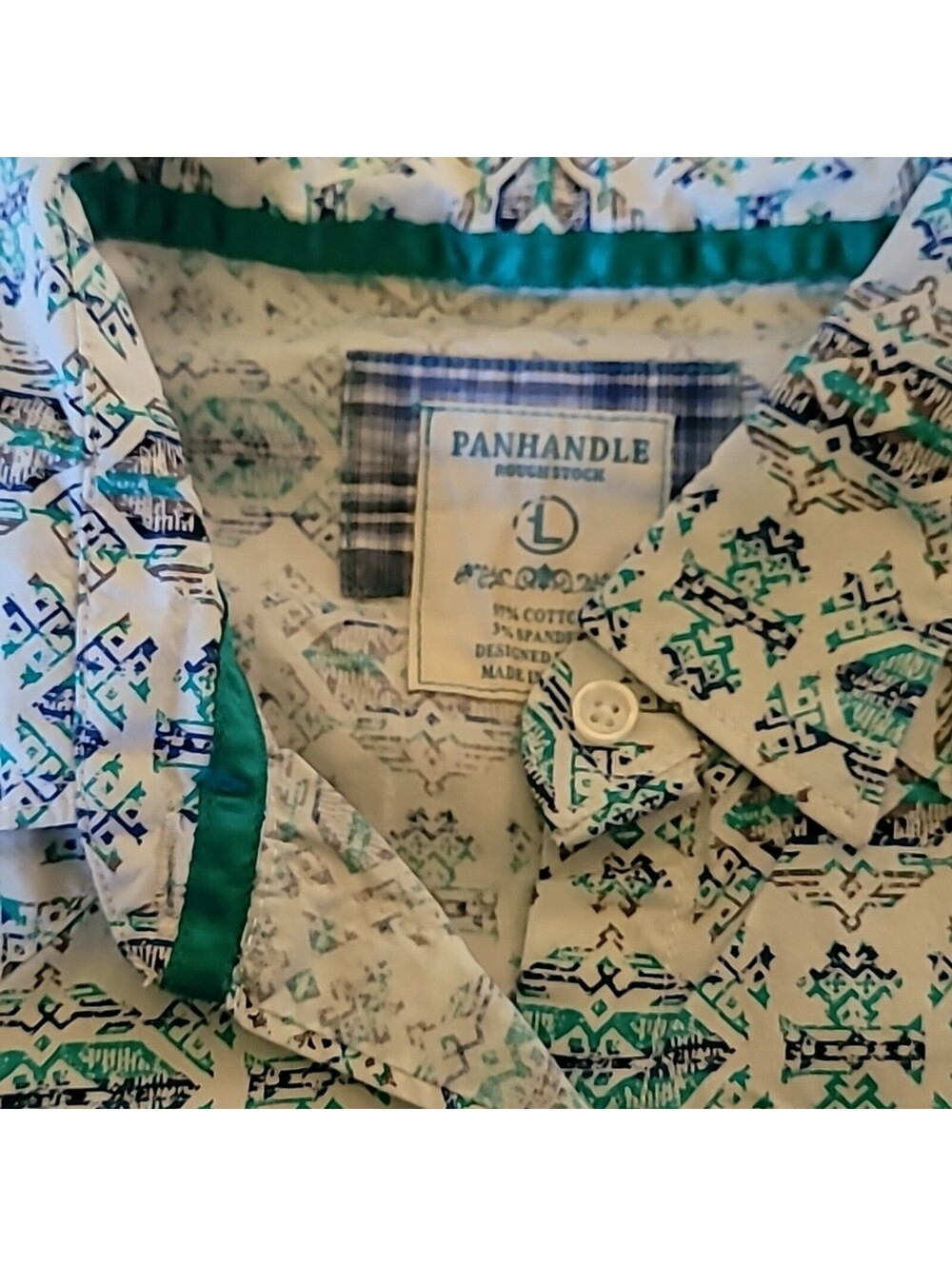 Panhandle Rough Stock Pearl Snap Top, Size L, White, Teal, Navy, & Grey, Western - Picture 8 of 8